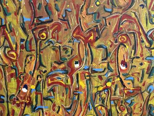 Tony Waldron, abstract with figures in yellow and red, 1988. Oil painting on canvas