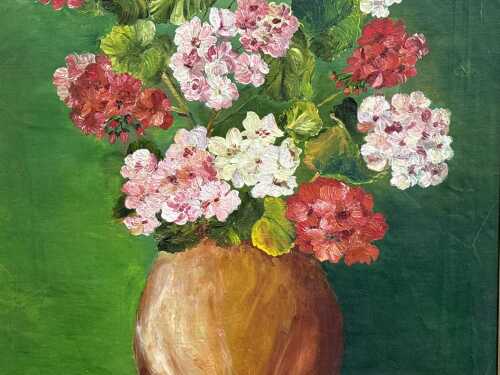 Artist unknown. Still life with geraniums. Vintage oil painting on paper, attached to board