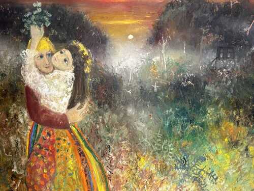 Joy Peck (1928-2008), Lovers embracing. Oil painting on canvas