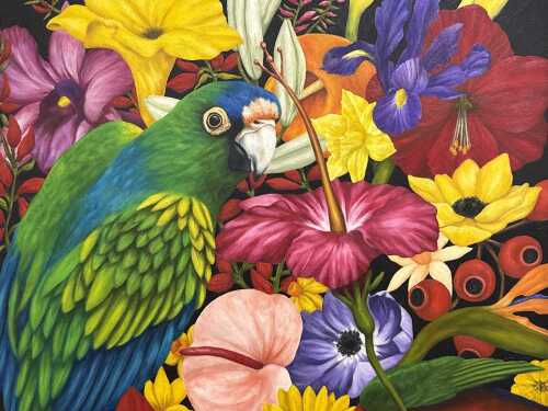 Helen Lehmann, Parrots and flowers, 1996. Oil painting on canvas