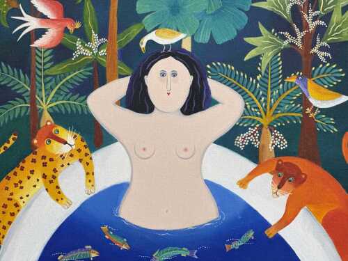 Reny Mia Slay, Nude in a pool. Oil painting on board