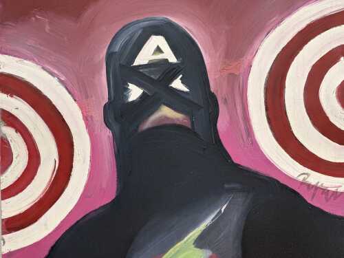 Dennis Ropar (1971-), Captain America/ The Flash. Acrylic paint on acetate and board