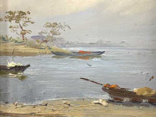 Stainislavs Kreics (1909-1992), (Attributed). Boats on lake. Oil painting on board