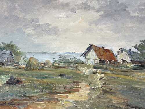 Stainislavs Kreics (1909-1992), Landscape with cottages. Oil painting on board