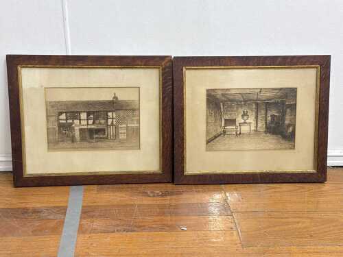 Artist unknown, Tudor cottage and Shakespeare bust (2). Two antique etchings on paper