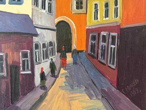 Maltseva Galina (1951-), Russian street scene with church, 1989. Oil painting on board