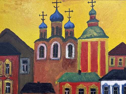 Maltseva Galina (1951-), Russian houses with church. Oil painting on board