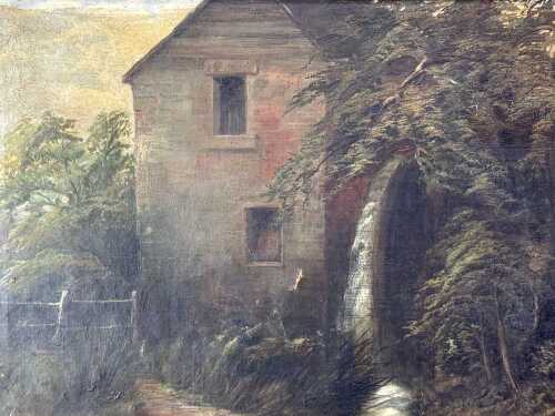 Artist unknown, watermill. Antique oil painting on canvas