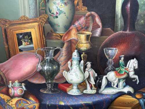 Artist unknown, still life with antiques. Oil painting on canvas