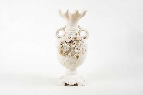 Beleek porcelain twin-handled vase with applied floral decoration