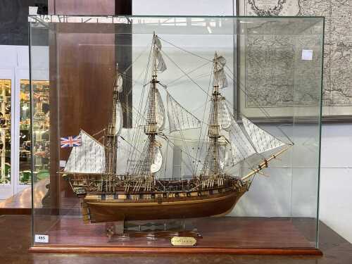 Model of HMS Pandora sailing ship in glass case