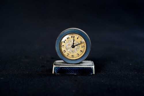 Swiss gilloche enamel sterling silver cased miniature clock