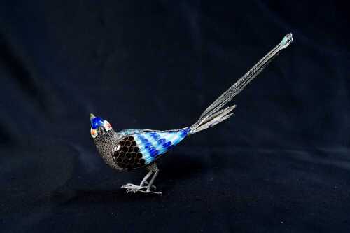 Silver enamelled filigree bird figure