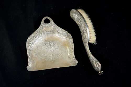 Antique German 800 silver tea crumb brush and pan, weight of silver 155g