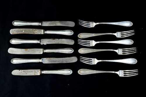 German 800 silver set of forks and knives for six, weight of forks 212g