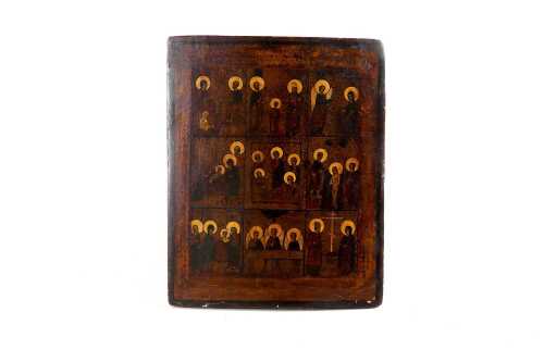 Antique Russian Orthodox icon depicting Anastasis by the Twelve Great Feasts