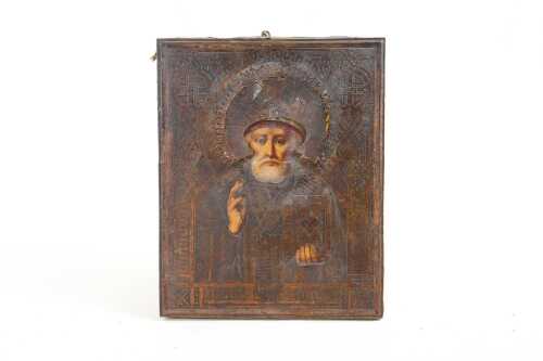 Antique Russian Orthodox icon depicting St Nicholas the Wonder Worker