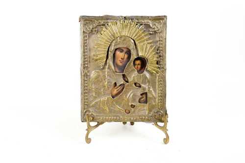 Antique Russian Orthodox icon depicting Mary and child "Kazanskaya"