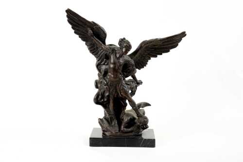 After A. Saulon, St Michael cast bronze figure on a black marble base