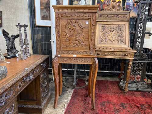 Antique Australian carved kauri pine and maple cabinet