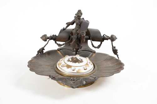Antique Rococo-style brass sweets bowl stand with figural muse