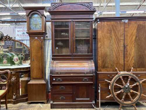 Antique American walnut roll top secretaire bookcase