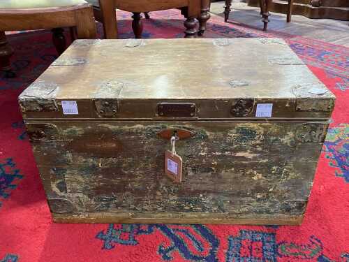 Victorian timber travel trunk with metal bindings and handles