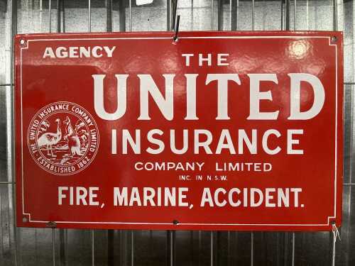 A vintage United Insurance Company Limited red and white enamel sign.
