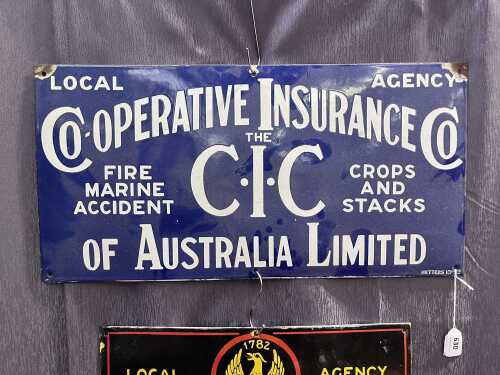 A vintage Co-Operative Insurance Co of Australia limited blue and white enamel sign.