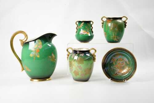 Five Carlton Ware Vert Royale hand painted porcelain pieces