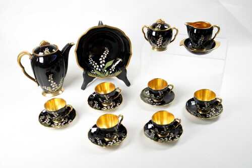 Carlton Ware 'Noire Royale' hand painted porcelain coffee setting for six