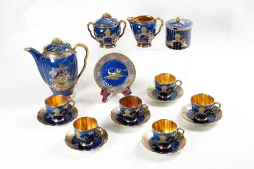 Carlton Ware 'Chinoiserie' blue lustre porcelain coffee setting for six
