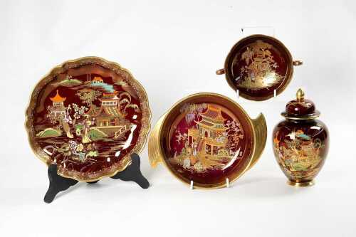 Four Carlton Ware Rouge Roayle 'Chinoiserie' porcelain pieces