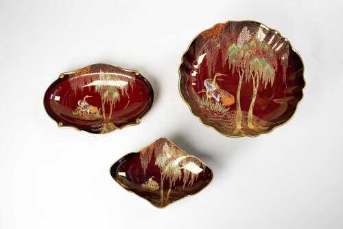 Three Carlton Ware Rouge Royale 'New Stork' porcelain pieces