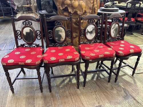Set of four Chinese hongmu and marble set dining chairs