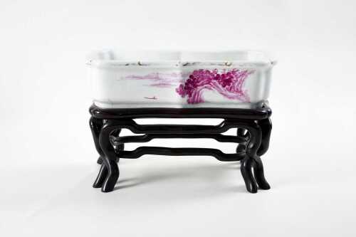 Chinese ceramic narcissus basin with iron-red landscape and poetry