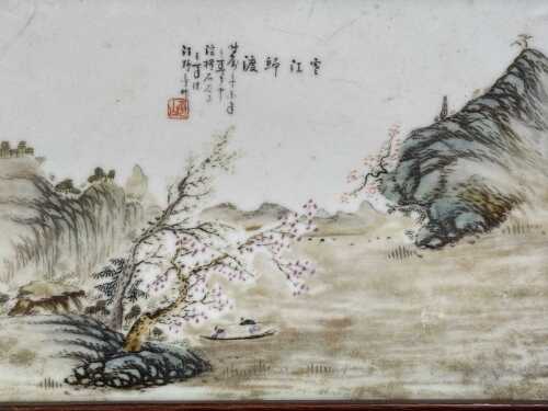 A mid-20th century Chinese pale rose porcelain plaque painting after Yeting Wang(1884-1942)