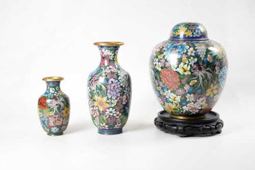 Three oriental cloisonne items with matching chrysathemum design