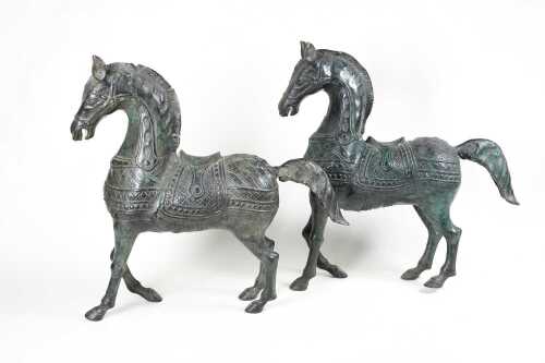 Pair of hollow cast bronze war horse figures