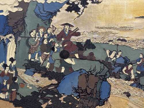 Oriental hand-carved and painted timber panel