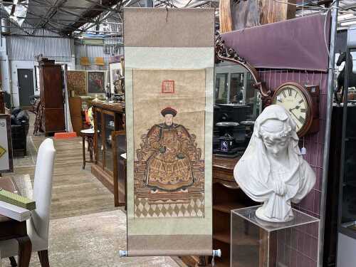 Vintage Chinese hand painted scroll depicting imperial portrait of the emperor