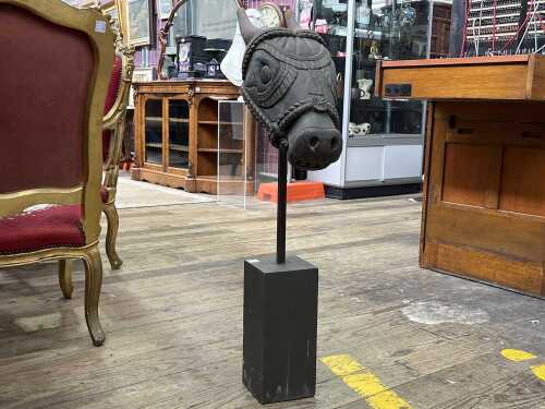 An antique hand carved timber Hindu Nandi bull head sculpture