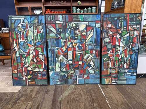 Artist unknown, mid-century cubist triptych (3).