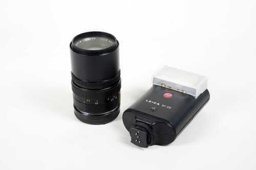 Leica Elmarit-M 90mm f2.8 E46 lens plus flash unit