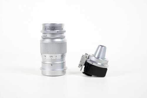 Ernst Leitz Wetzlar Elmar 90mm f4 Leica screw mount lens, and universal viewfinder