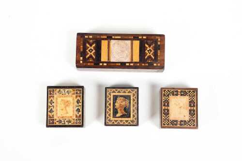 Four Victorian Tunbridge Ware stamp boxes