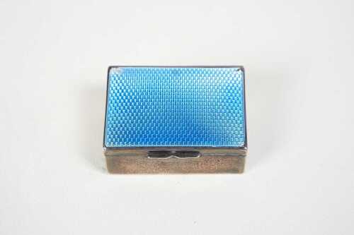 Antique English weighted sterling silver and blue gilloche enamel stamp box