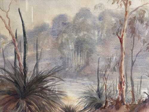 Trevor Haigh Clare (1917-2006), Australian landscape with grass tree, 1955.