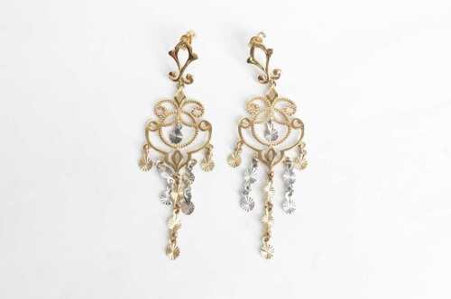 A pair of fancy drop earrings in 9ct yellow and white gold.