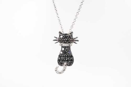 A diamond cat pendant in 14ct white gold on 14ct white gold necklace.